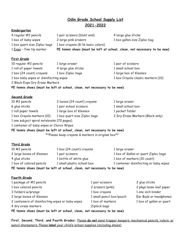 21-22 Elementary supply list