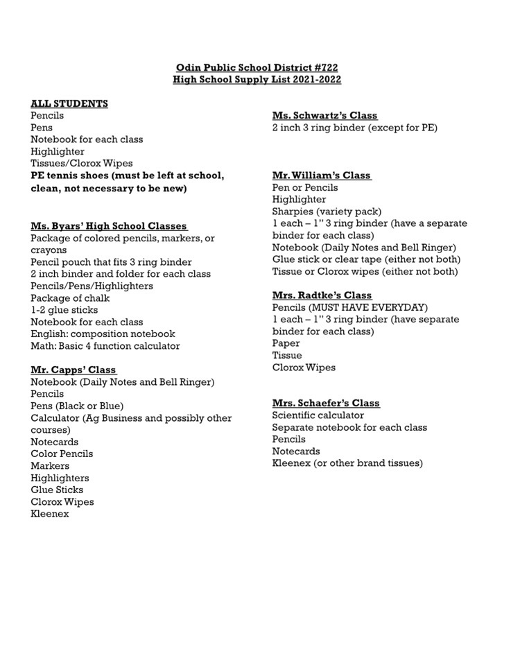 21-22 HS supply list