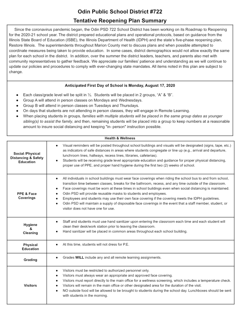 Reopening Plan Summary page 1